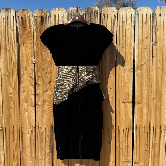 Vintage Dress 80s Black Velvet Gold Lame Fitted Formal Cocktail Sheath S - Picture 11 of 16